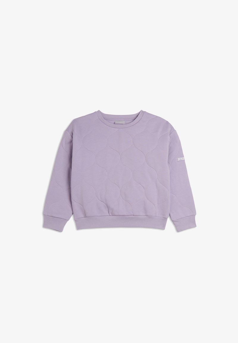 Sudadera color lavanda hecha de tela suave, con una textura acolchada con patrones redondeados, puños acanalados y cuello redondo.