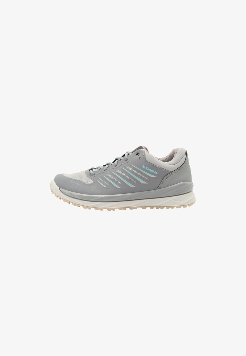 Gray athletic shoe with mesh and synthetic materials, features a textured sole, lace-up design, and light blue accents.