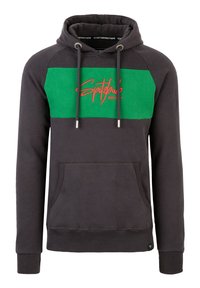 Kapuzensweatshirt in Dunkelgrau mit einem grünen Brustpanel, das roten Text trägt. Enthält eine Vordertasche und verstellbare Kordelzüge.