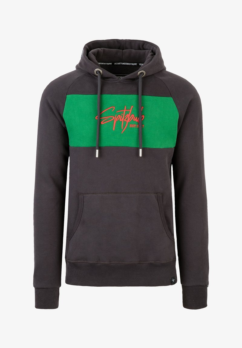 Kapuzensweatshirt in Dunkelgrau mit einem grünen Brustpanel, das roten Text trägt. Enthält eine Vordertasche und verstellbare Kordelzüge.