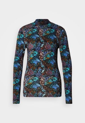 Maglia a maniche lunghe con un vivace motivo astratto in tonalità di blu, turchese e marrone su uno sfondo nero; tessuto morbido e strutturato.
