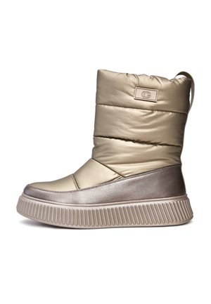 Puffet ankelstøvle i metallisk beige materiale med kontrasterende bronze detaljer, rund tå og struktureret gummisål med lodrette riller.