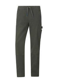 Dark green cargo pants with an elastic waistband and drawstring. Features side pockets and knee panel accents, made from a durable fabric.