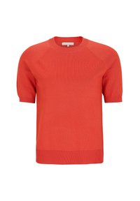 Sweter z krótkim rękawem, okrągłym dekoltem w intensywnym koralowym kolorze, wykonany z gładkiej dzianiny, z prążkowanymi wykończeniami i rękawami raglanowymi.