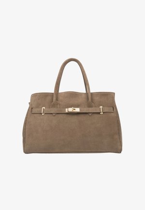 Torebka z zamszu w odcieniu taupe z dwiema zaokrąglonymi rączkami i zapięciem na złoty klips wzdłuż przodu.