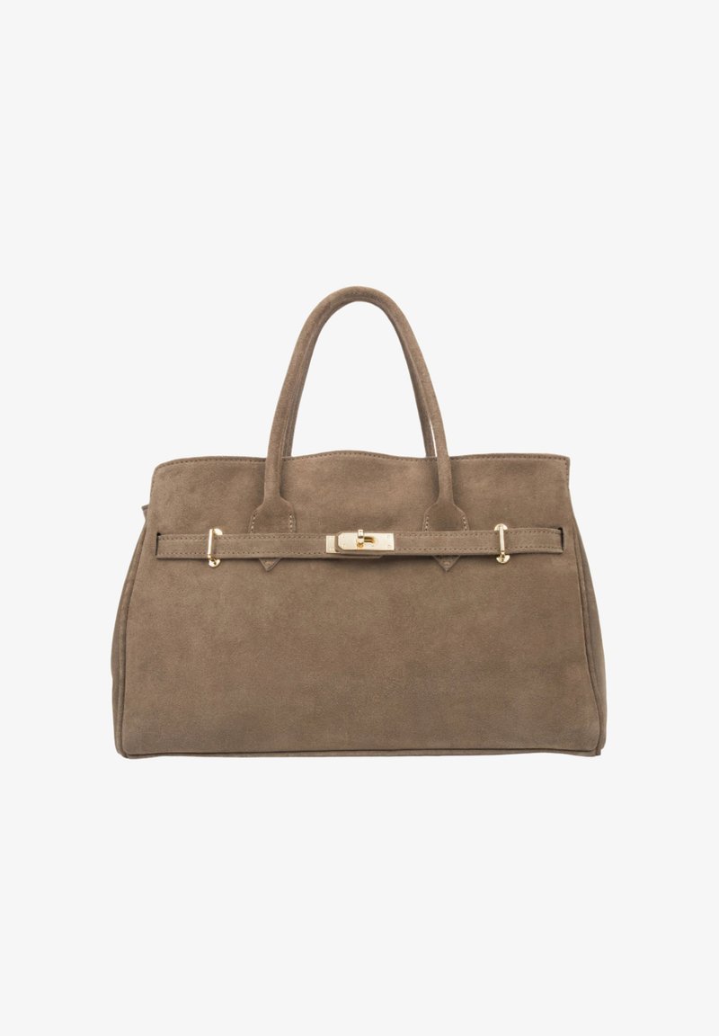 Taupe suède handtas met twee ronde handvatten en een gouden gesp aan de voorkant.