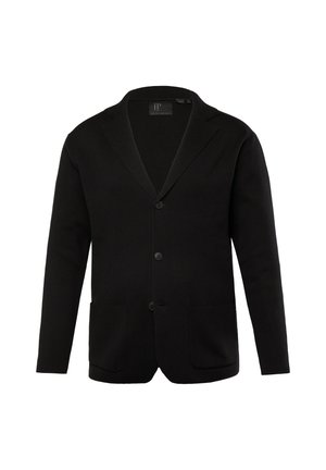 Sort cardigan med slåede kraver, tre forreste knapper og to forreste lommer. Stoffet har en glat tekstur og en skræddersyet pasform.