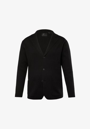 Cardigan noir avec un col à revers, trois boutons sur le devant et deux poches à l'avant. Le tissu a une texture lisse et une coupe ajustée.