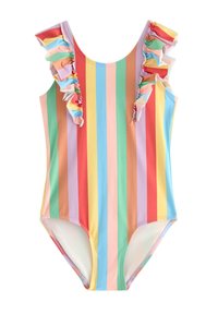 Multifarvet badedragt med striber og flæsedetaljer på skuldersømmene. Farverne inkluderer pink, gul, grøn og blå. Strækbart stof.