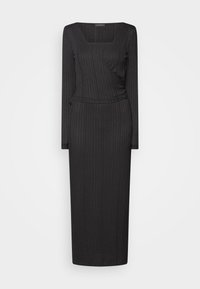 Robe noire à manches longues côtelée avec une silhouette ajustée, décolleté en V et longueur midi, présentant un léger design croisé à la taille.