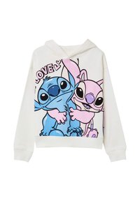 Felpa bianca con cappuccio che presenta un'immagine di due personaggi dei cartoni, uno blu e uno rosa, con la parola "AMORE" sopra di loro in un carattere giocoso.