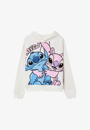 Felpa bianca con cappuccio che presenta un'immagine di due personaggi dei cartoni, uno blu e uno rosa, con la parola "AMORE" sopra di loro in un carattere giocoso.