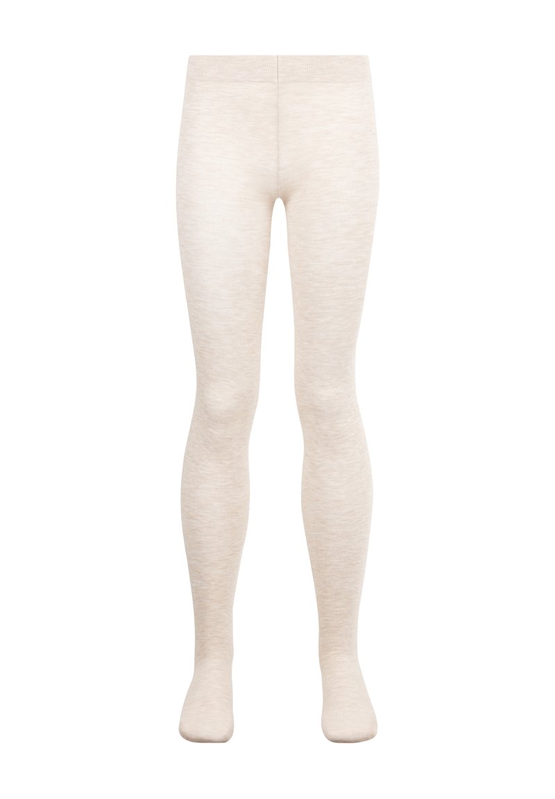Beiga strumpbyxor gjorda av mjukt, elastiskt material, med en slät yta och en enfärgad nyans utan mönster eller dekorationer.