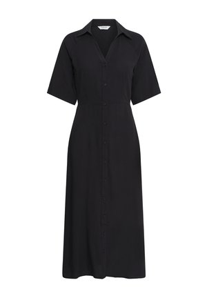 Robe chemise midi noire avec manches courtes, col et boutons sur le devant, présentant une taille cintrée et un ourlet droit.