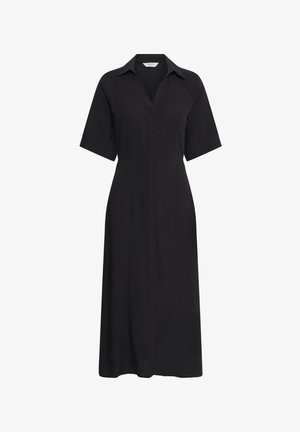 Robe chemise midi noire avec manches courtes, col et boutons sur le devant, présentant une taille cintrée et un ourlet droit.