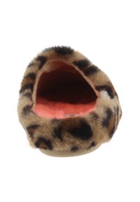 Leopardmönstrade tofflor med mjuk konstpäls på utsidan, plyschig rosa foder och rund tådesign. Har en bred öppning för enkelt påtagande.