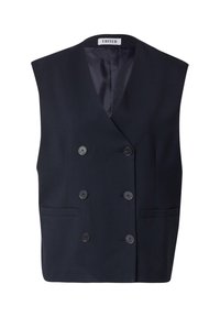 Navyblauw mouwloos dubbelgebreid vest met zes knopen en twee voorzakken, gevoerde binnenkant, gelabeld "EDITED" aan de binnenkant van de kraag.