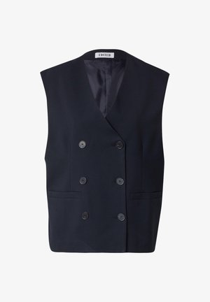 Marineblaues ärmelloses, doppelt geknöpftes Weste mit sechs Knöpfen und zwei Taschen vorne, gefüttertes Innenfutter, mit einem Etikett "EDITED" im Kragen.