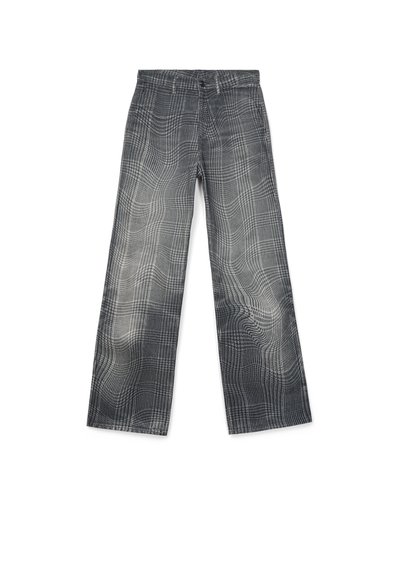Pantalones de pierna ancha a cuadros gris y negro con trabillas para cinturón y cierre frontal con botones, mostrados planos sobre un fondo blanco.