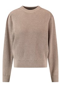 Beige striktrøje med en ribbet tekstur, rund halsudskæring og lange ærmer. Har en cropped kant og diskrete skulderdetaljer.