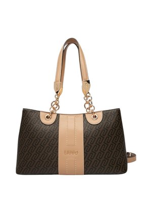 Borsa Liu Jo marrone e beige con tracolle a catena e motivo geometrico ripetuto, caratterizzata da un pannello centrale beige con il logo del marchio.