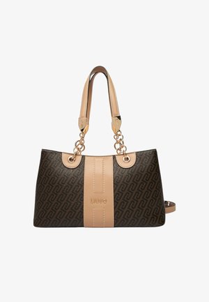 Borsa Liu Jo marrone e beige con tracolle a catena e motivo geometrico ripetuto, caratterizzata da un pannello centrale beige con il logo del marchio.