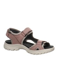 Pink leather sandal with adjustable straps, a cushioned sole, and cut-out design, featuring a rubber outsole for traction.
