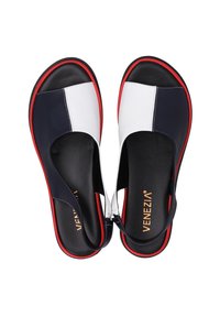 Navy, white, and red leather sandals with a rounded toe, back strap, and a smooth texture. Features a contrasting black sole and VENEZIA logo.