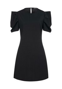 Robe noire à manches courtes avec des manches bouffantes, un col rond et une fermeture en forme de clé au dos. Fabriquée en tissu doux et lisse.