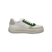 White low-top sneaker with beige suede accents, green lace area, perforated side details, and thick beige rubber sole.