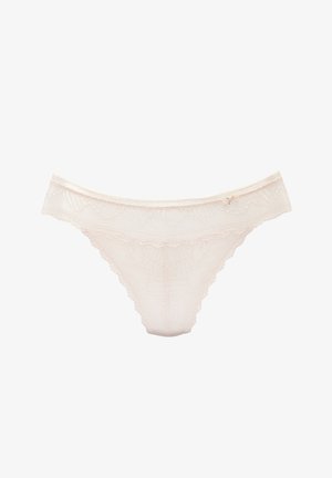 Delicate light beige lace thong with scalloped edges and a small decorative bow on the waistband against a white background.