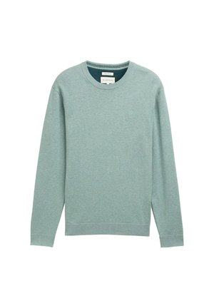 Pull vert clair en tissu doux, doté d'un col crew, de manches longues et de bords côtelés aux poignets et à l'ourlet. Petit logo sur la poitrine.