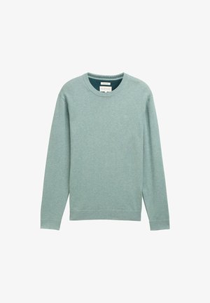 Hellgrüner Pullover aus weichem Stoff, mit Rundhalsausschnitt, langen Ärmeln sowie gerippten Bündchen und Saum. Kleines Logo auf der Brust.
