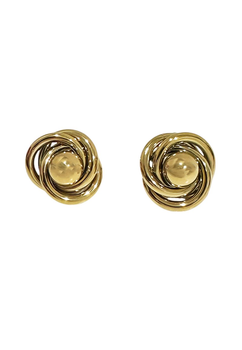 Orecchini in tono oro con un design a spirale e una sfera centrale liscia. La texture è lucida e levigata, creando profondità nei giri.