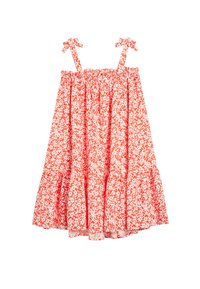 Rød og hvid blomsterkjole uden ærmer med elastisk bodice, flæselag og sløjfebånd på skulderstropperne. 100% bomuldsstof.