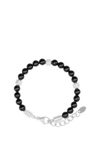Bracciale di perline nere con accenti metallici argento, inclusi separatori testurizzati e una chiusura, con un'estensione a catena flessibile.