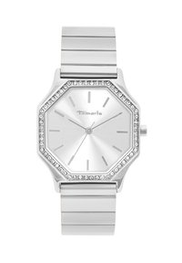 Silberne achteckige Uhr mit glänzender Zifferblattoberfläche, Kristallakzenten entlang der Lünette und einem eleganten Metallgliedarmband. Minimalistische Stundenmarkierungen.