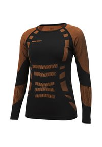 Long-sleeve activewear top in black with orange accents. Features patterned texture with geometric designs and breathable fabric construction.