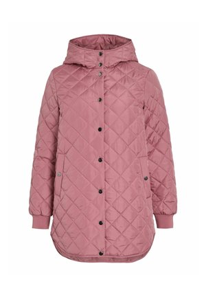 Quilted pink hooded jacket with snap button closure, two front pockets, and elastic cuffs on long sleeves.