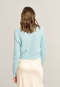 Light blue knitted sweater with a cropped design, long sleeves, and ribbed cuffs. Soft texture, fitted around the waist, worn over a cream skirt.