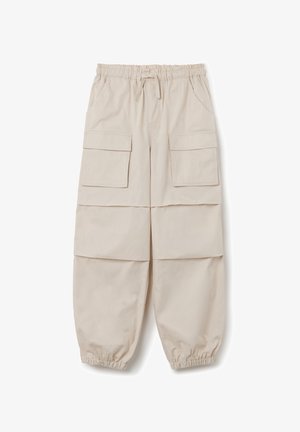 Beige Cargo-Hosen mit elastischem Bund, zwei Vordertaschen und elastischen Bündchen. Hergestellt aus leichtem, strukturiertem Stoff.
