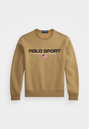 Hanorac bej cu imprimeu "POLO SPORT" și "RALPH LAUREN" în text negru îngroșat, având un mic detaliu cu steagul american sub text.
