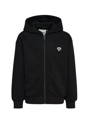 Svart zip-up hoodie i mjukt material, med en kenguruficka, ribbade ärmslut och en liten broderad logotyp på vänster bröst.