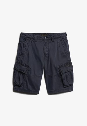 Marine cargoshorts gemaakt van lichtgewicht stof, met meerdere zijzakken, een knoopsluiting en gestikte details langs de naden.