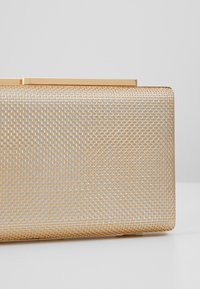 Clutch in rete d'oro con forma rettangolare, dotata di una chiusura liscia e dorata. La superficie è tessuta, creando un effetto riflettente.