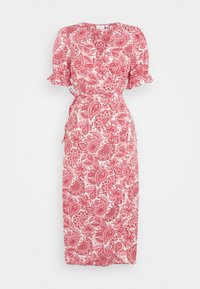 Robe portefeuille à motif paisley rouge et blanc. Manches courtes volantées et détail à nouer à la taille. Tissu lisse, longueur genou.