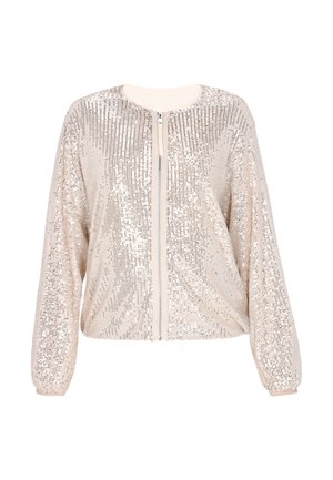 Beige bomber jacket päällystettyn paljeteilla, jossa on edessä vetoketju, ribbireunat ja rento malli, joka takaa helpon käytön.