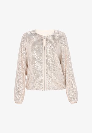 Beige bomberjakke dækket af palietter, med en frontlynlås, ribbede manchetter og en afslappet pasform for nem brug.