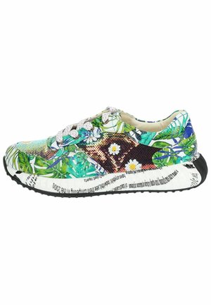 Sneaker mit einem bunten botanischen Druck, funkelnden Akzenten, weißer Zwischensohle mit Text und schwarzer Gummisohle. Strukturiertes Material und Schnürsenkel.
