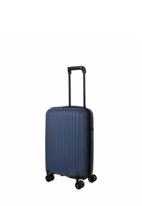 Valise rigide marine avec rainures verticales, poignée télescopique noire, quatre roues noires et fermeture à glissière d'un côté.